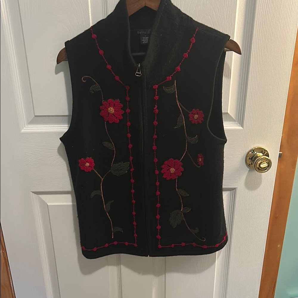 Tally Ho- Black and Red Floral Embroidered 100% Wool Vest